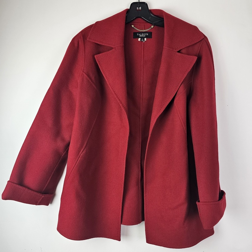 Talbots Open Front Jacket Coat Blazer Red Preppy Wool Size 8 Classy Professional
